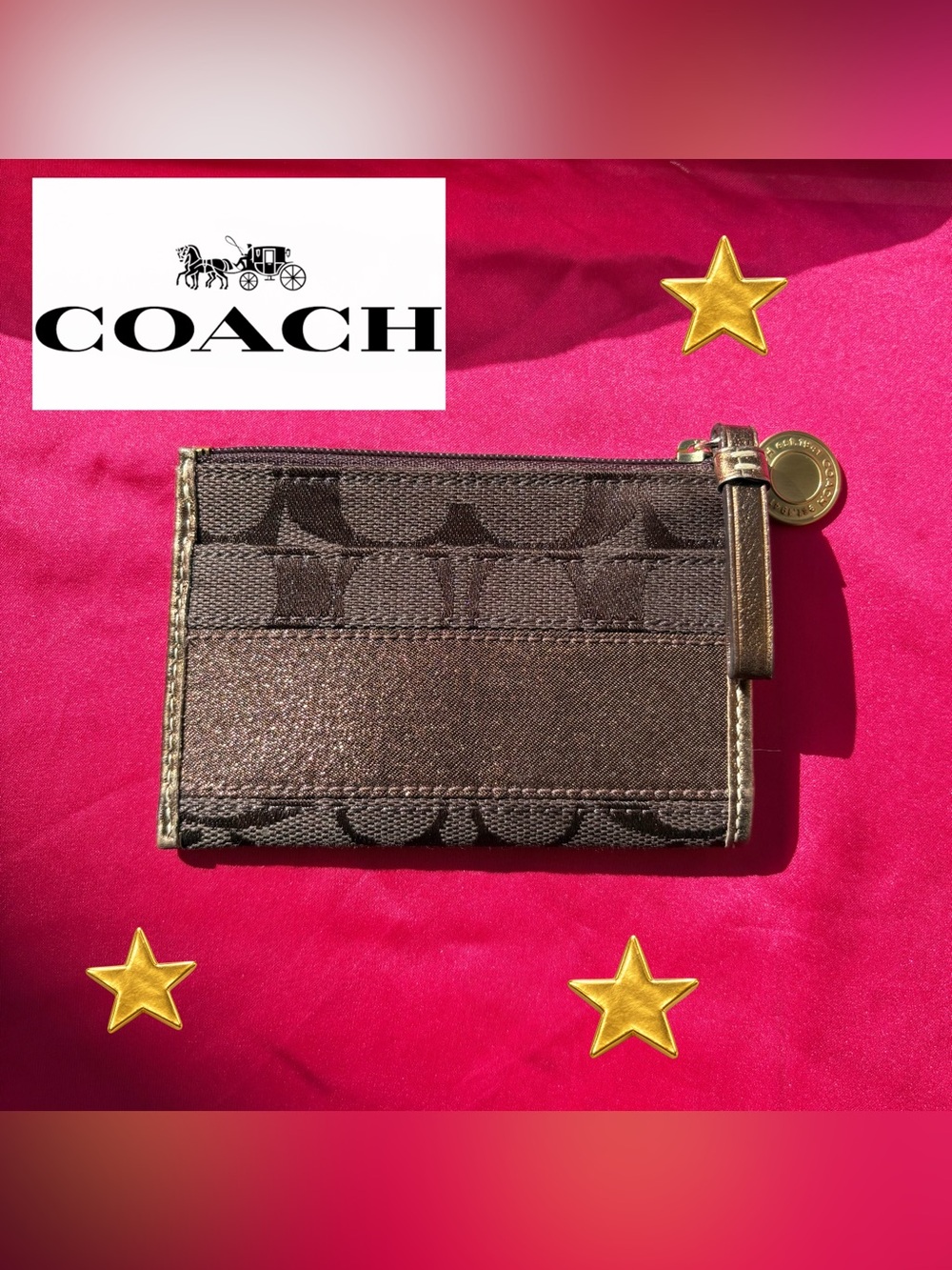 Brand New Y2K Coach Brown Signature Card Holder with Brown Metallic Trim